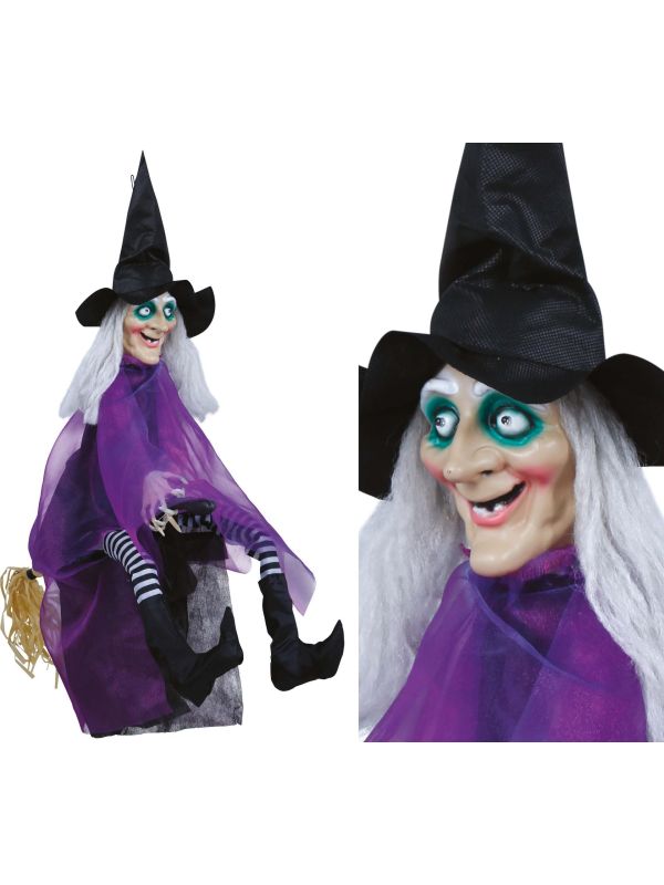 Paarse heks met verlichting, geluid en beweging 90 cm halloween main product photo