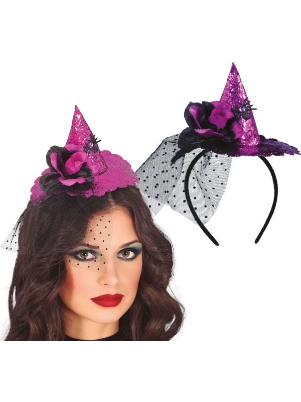 Paarse heksenhoed met bloem haarband halloween main product photo