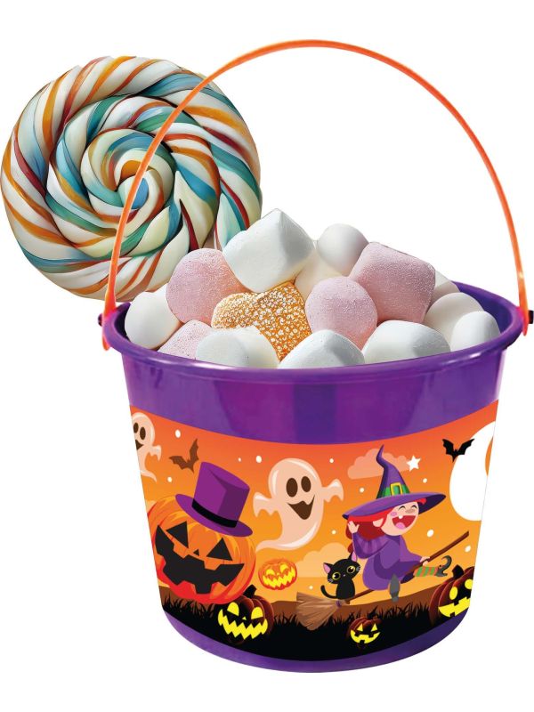 Paarse snoepemmer met vrolijke halloween figuren
