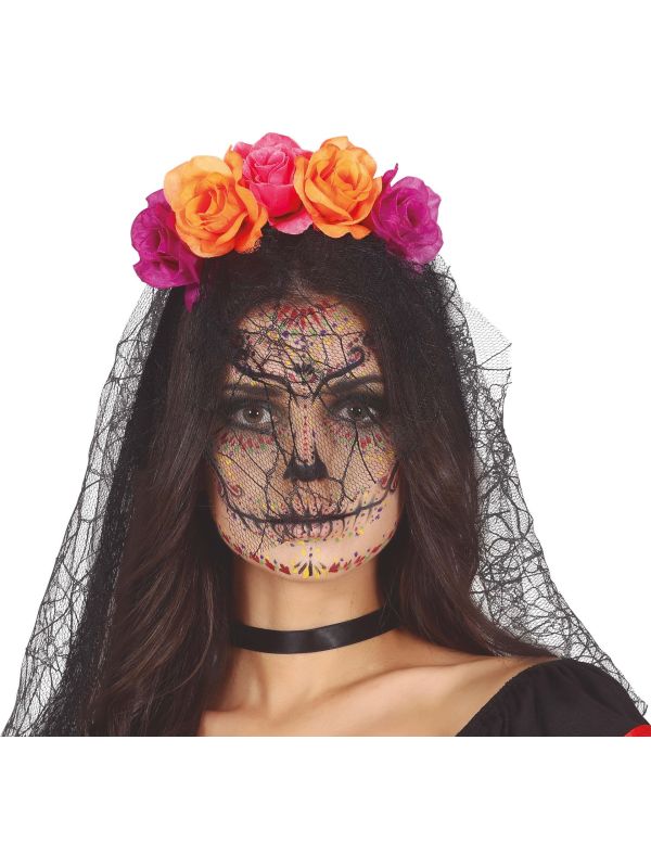 Paars/oranje bloemen diadeem met sluier main product photo