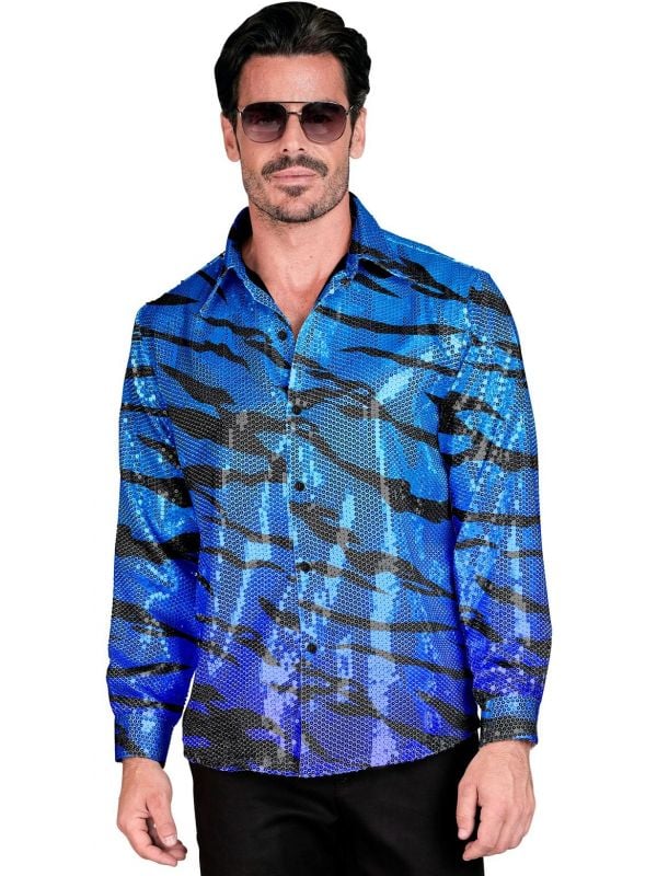Pailletten blouse blauwe tijgerprint mannen