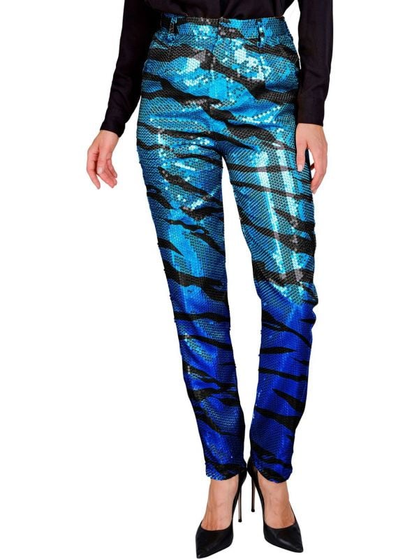 Pailletten broek blauwe tijgerprint vrouwen