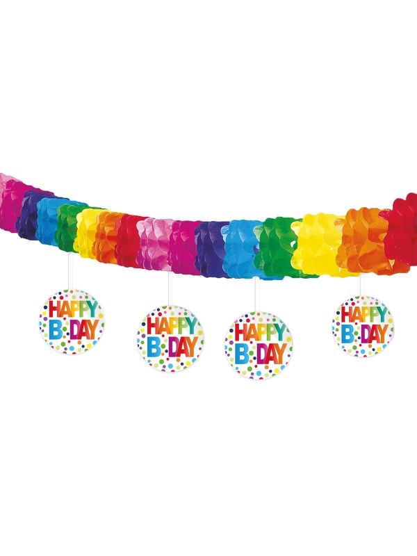 Papier slinger happy bday stippen met onderhanger 4 meter