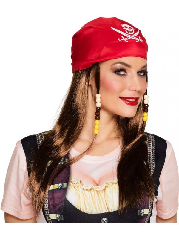 Piraten pruik met rode bandana dames