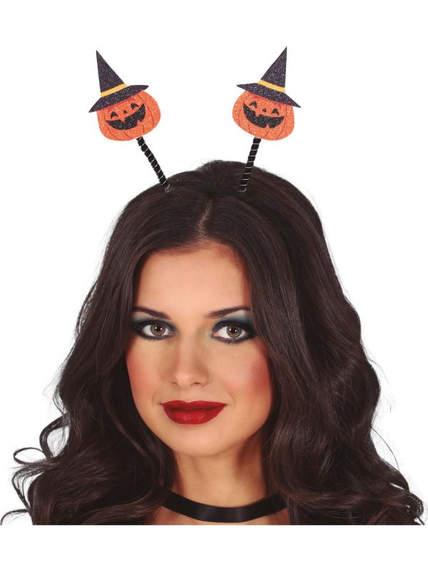 Pompoen met heksenhoed springveer haarband halloween