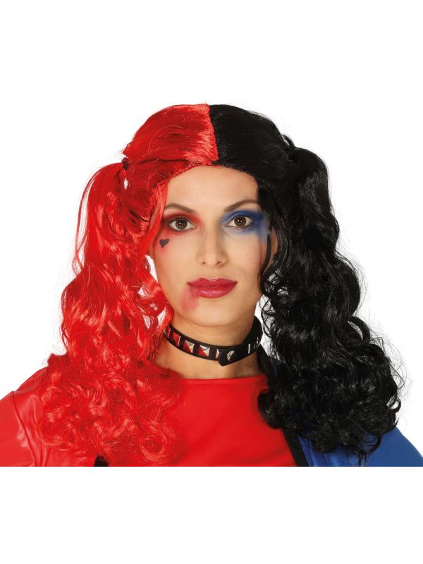Pruik Harley Quinn zwart en rood
