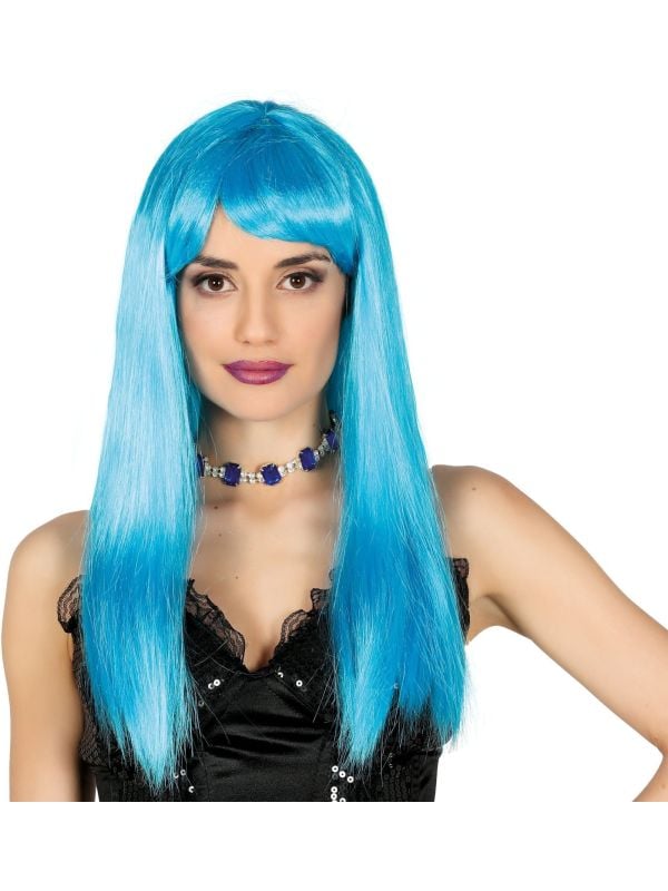 Pruik lang haar neon blauw