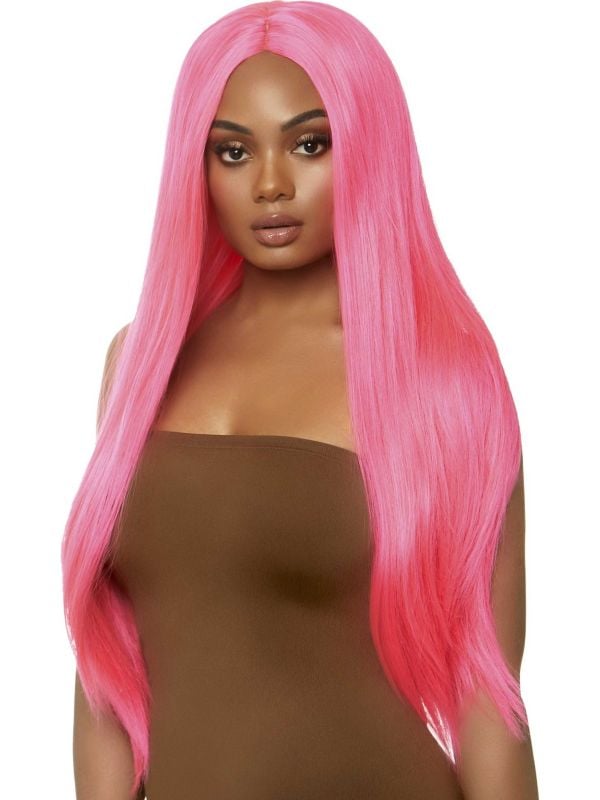 Pruik lang haar neon roze Carina