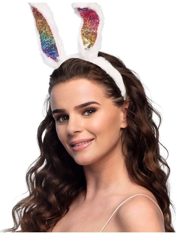 Regenboog pailletten bunny oren haarband