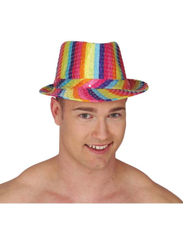 Regenboog pailletten fedora