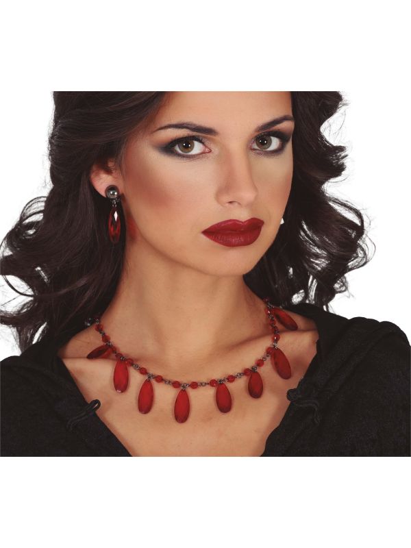 Rode edelstenen ketting en oorbellen set main product photo