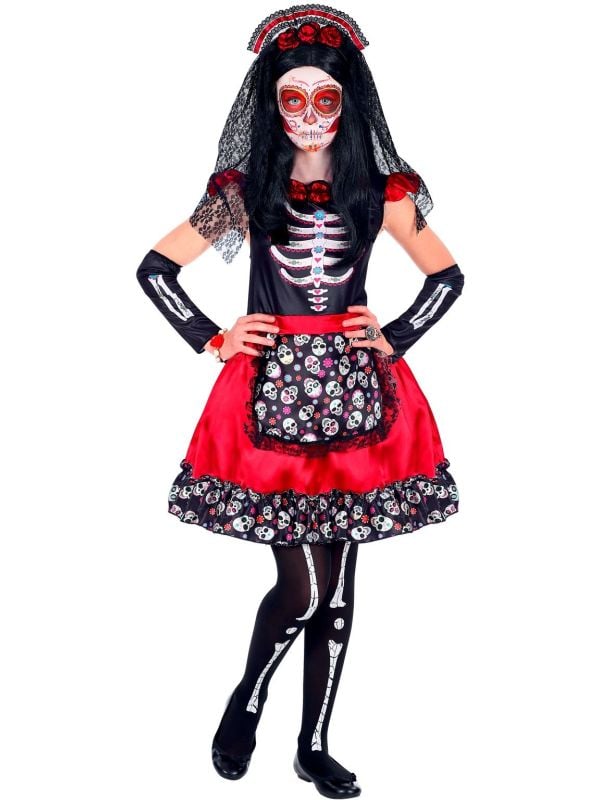 Rood dia de los muertos outfit meisje