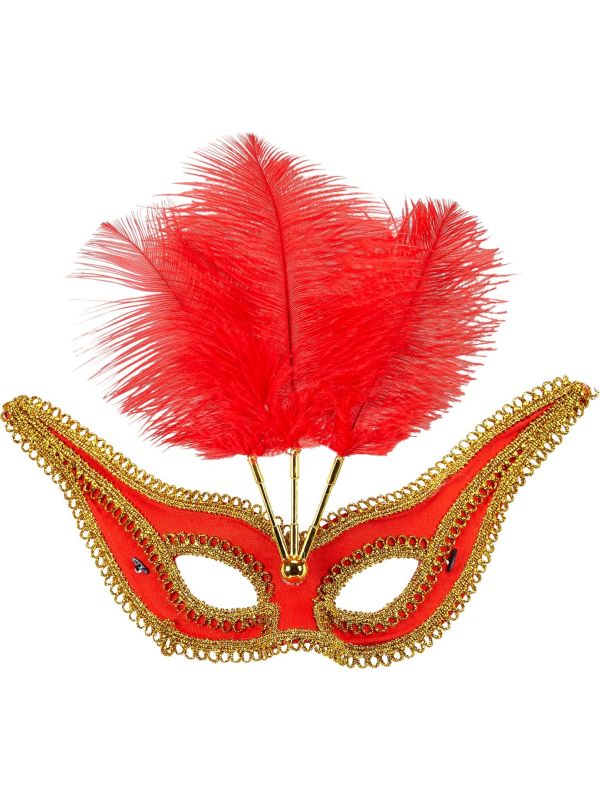 Rood oogmasker met veren en gouden rand