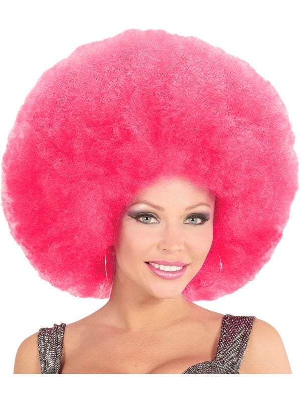 Roze afro pruik extra groot