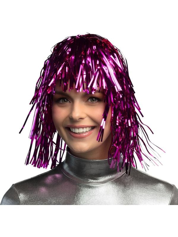 Roze disco pruik metallic