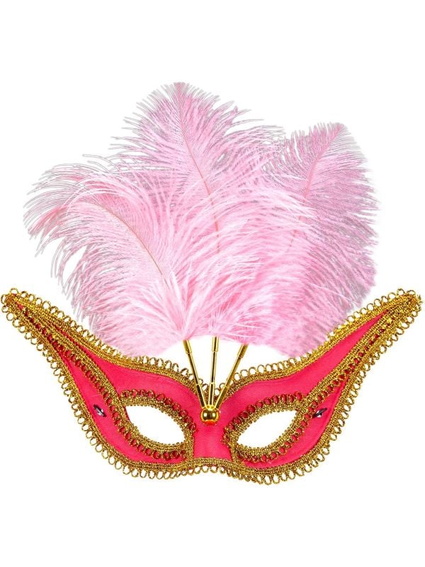 Roze oogmasker met veren en gouden rand