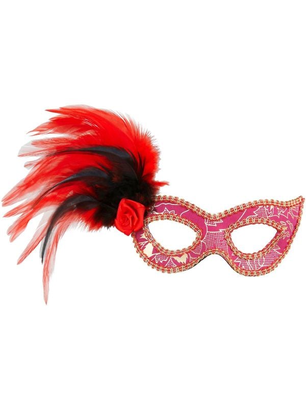 Roze oogmasker met veren en roos