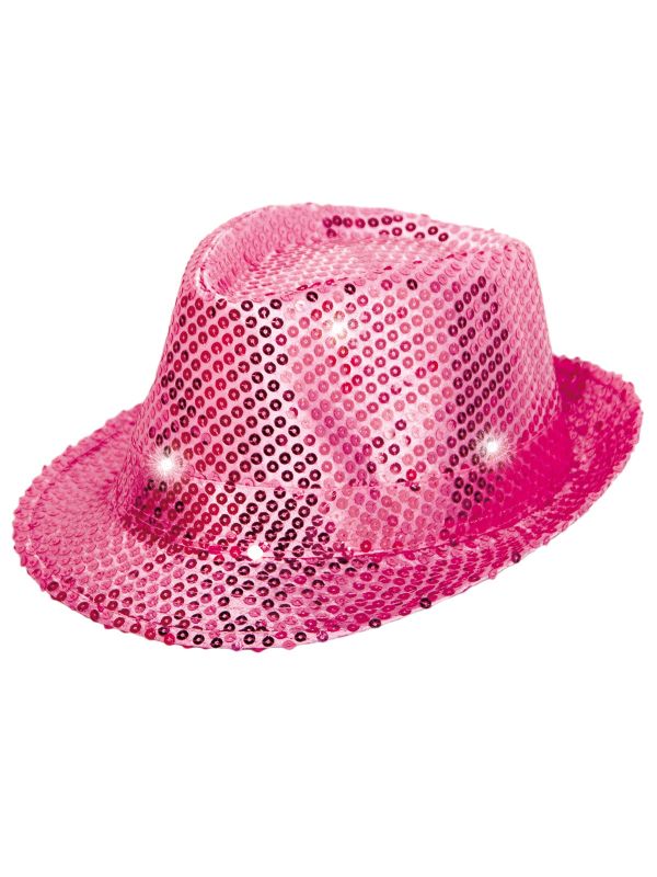 Roze party glitter LED trilby hoed main product photo