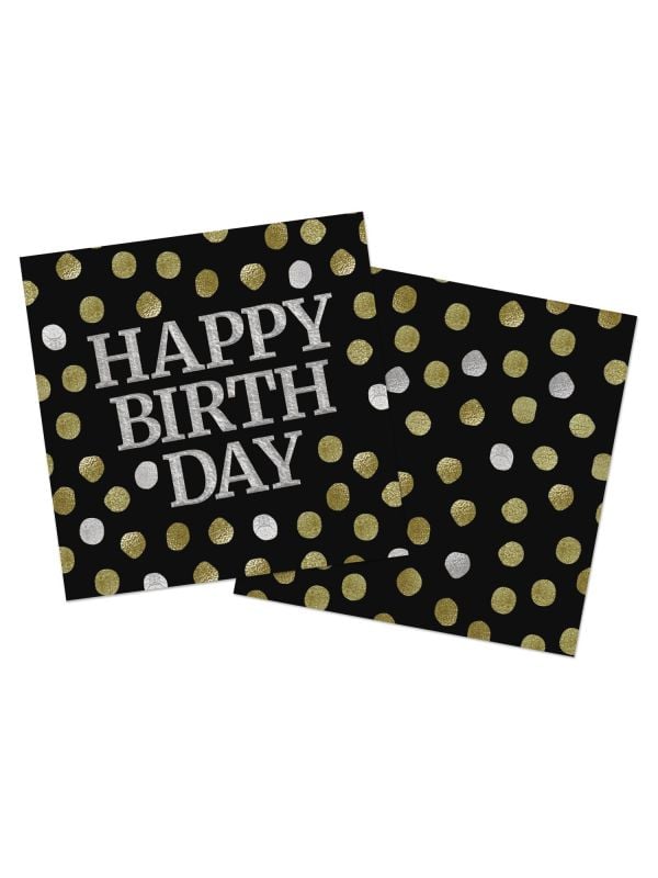 Servetten glossy happy birthday zwart 20 stuks