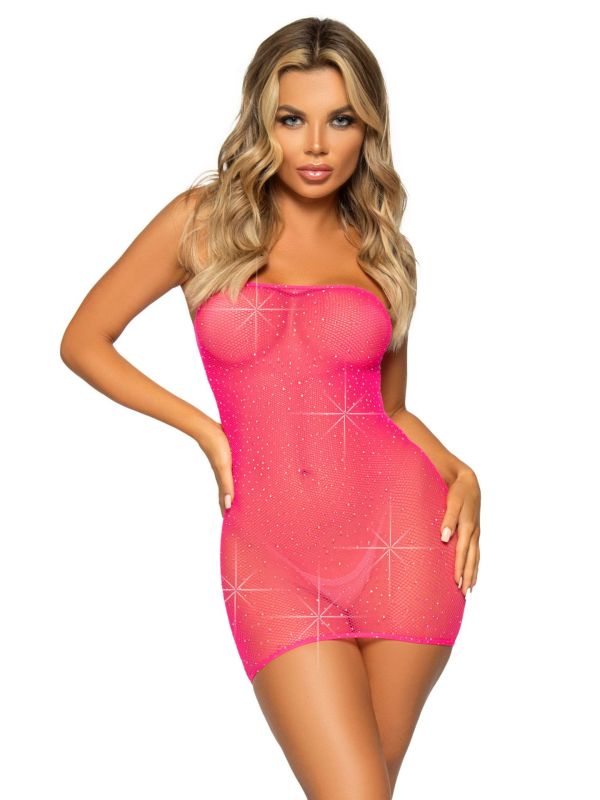 Sexy neon roze strass visnet kokerjurkje main product photo