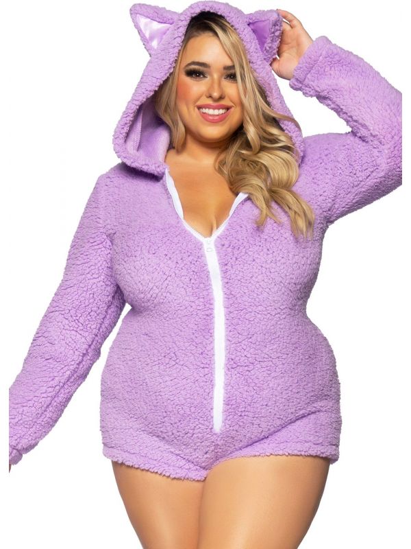 Sexy plus size paarse kat fleece outfit dames
