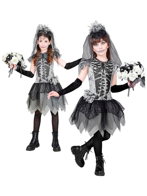 Skelet bruid halloween jurkje kind