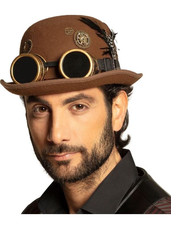 Steampunk bruine hoed met veer