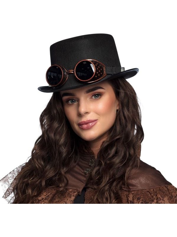 Steampunk hoge hoed met goggles