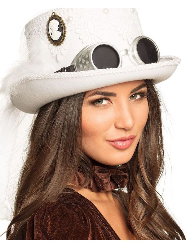 Steampunk witte bruidshoed met sluier