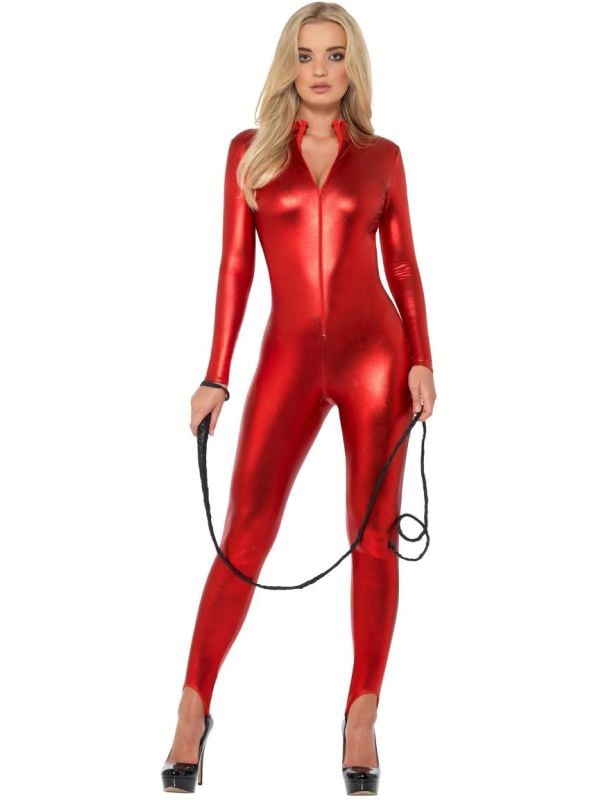 Strakke rode lederlook catsuit