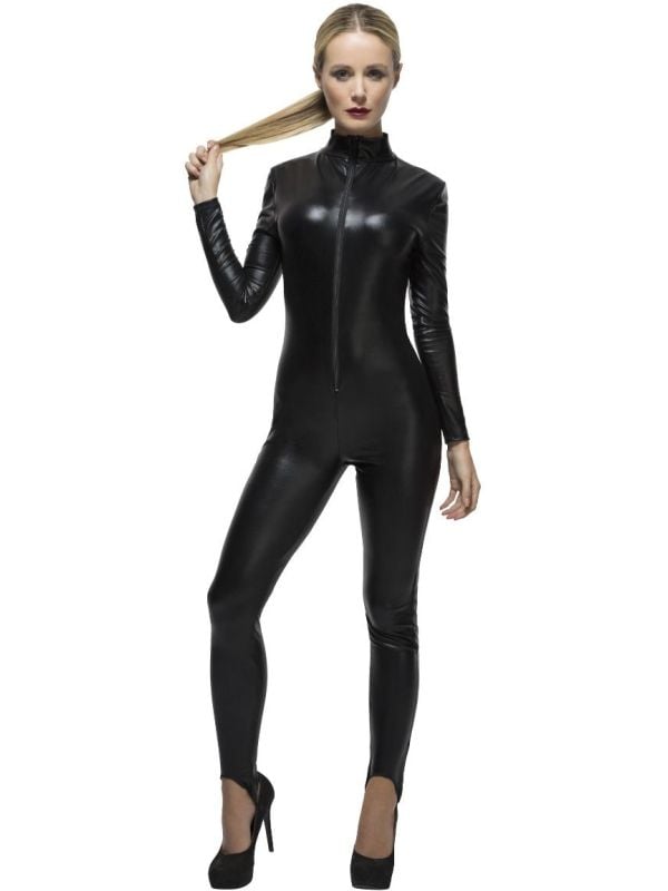 Strakke zwarte lederlook catsuit