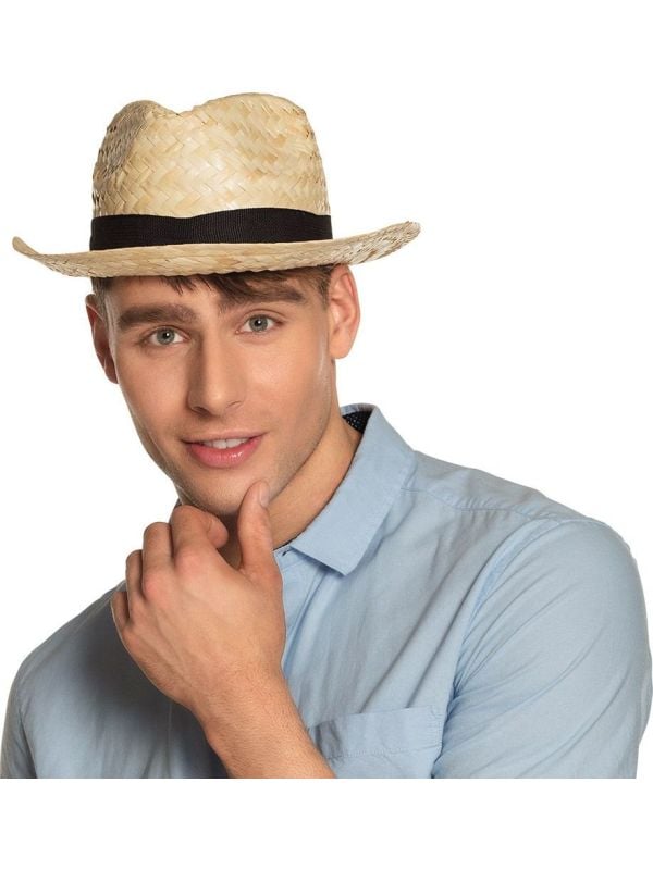 Strohoed fedora met zwarte band