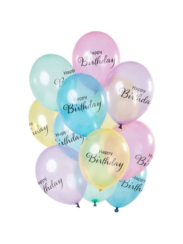 Transparante happy birthday pastel ballonnen 12 stuks