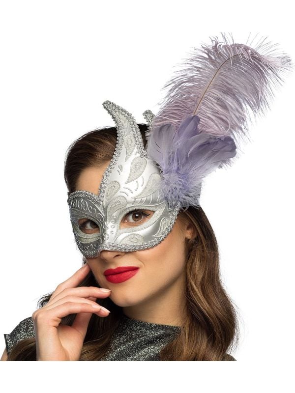 Venitiaans oogmasker met veer zilver