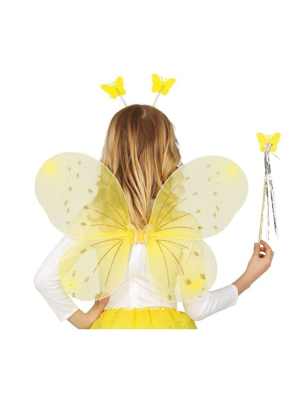 Vlinder vleugels met haarband en staf geel kinderen