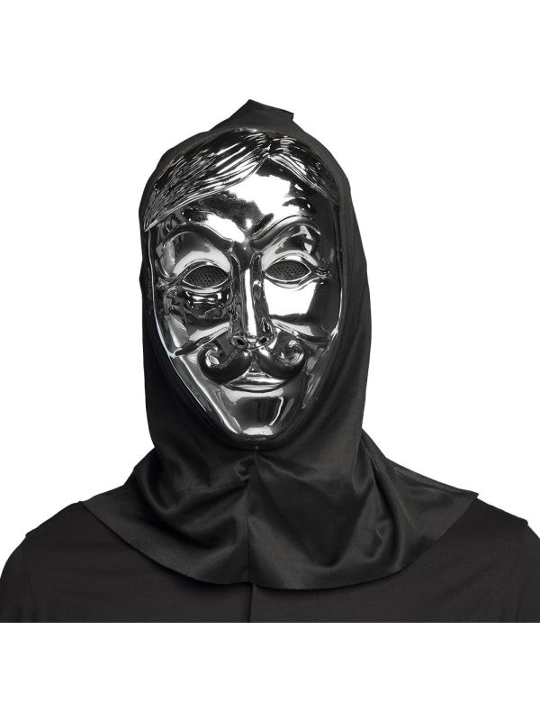 Zilveren anonymous gezichtsmasker met kap halloween main product photo
