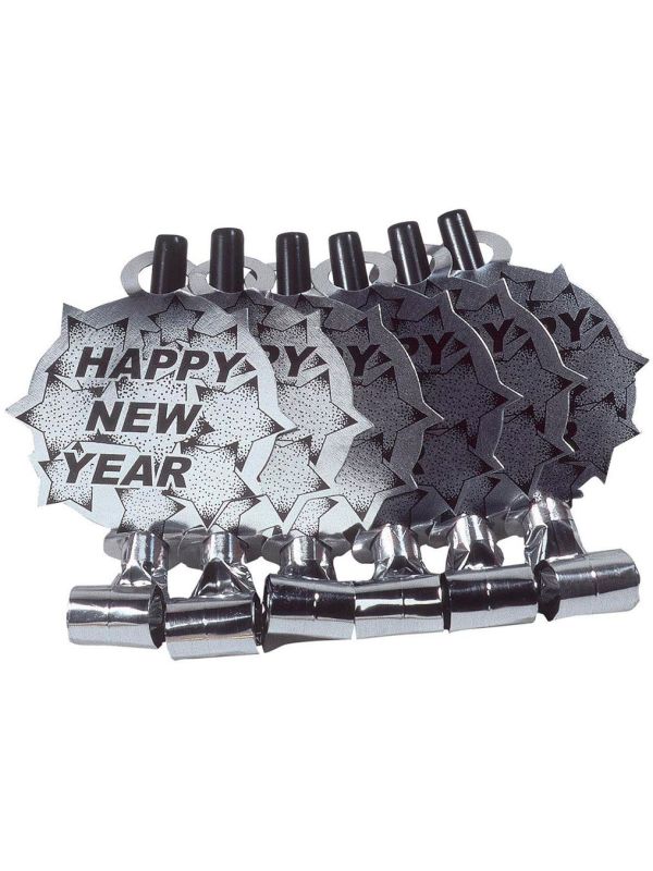 Zilveren Happy New Year fluitjes 6 stuks