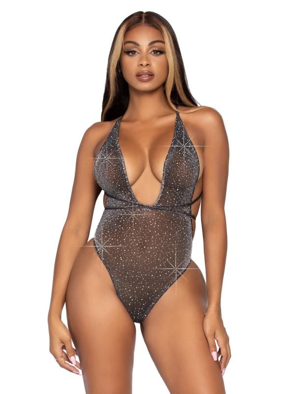 Zilveren string bodysuit met steentjes