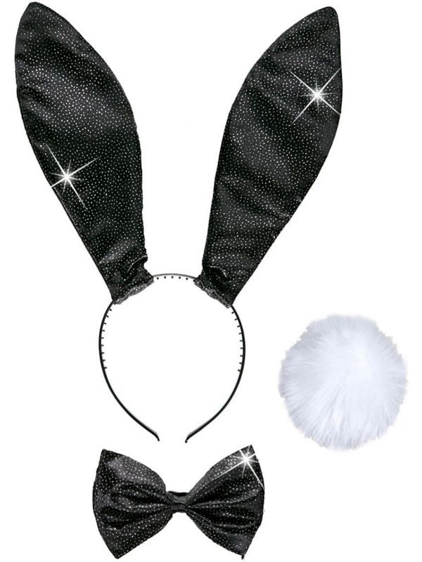 Zwart glitter konijn oortjes, strikje en staart