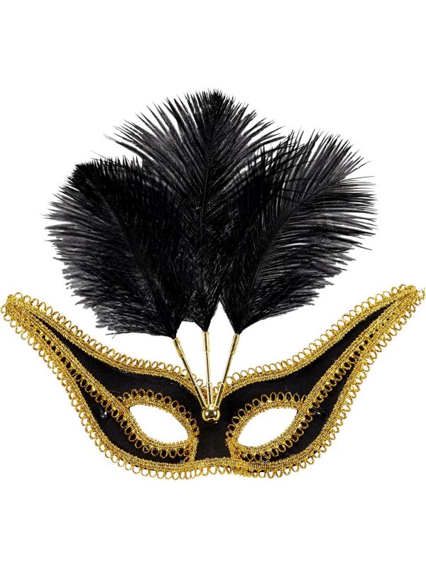 Zwart oogmasker met veren en gouden rand