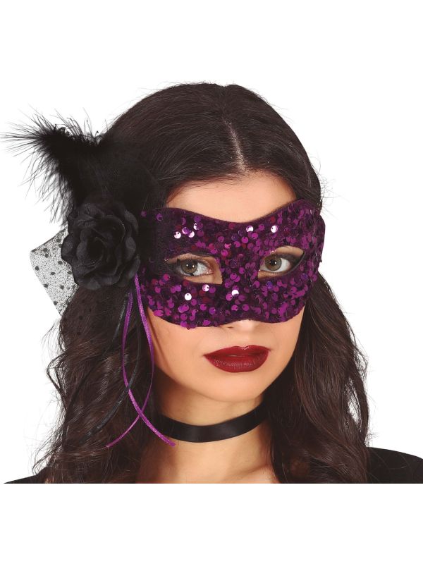 Zwart paars pailletten oogmasker met bloem main product photo