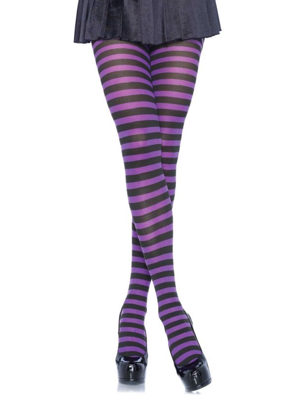 Zwart paarse nylon gestreepte panty