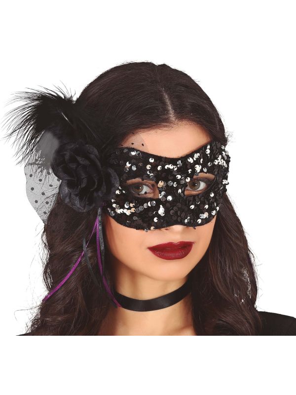 Zwart zilver pailletten oogmasker met bloem main product photo