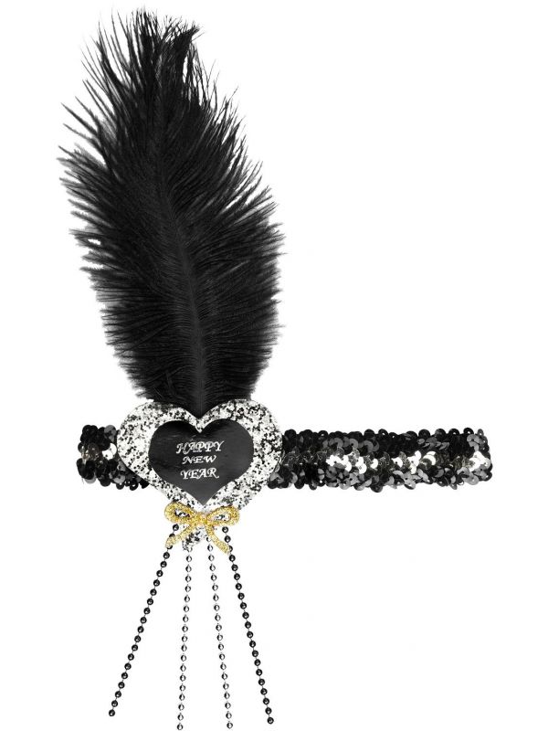 Zwart-zilveren pailletten gelukkig nieuwjaar hart hoofdband
