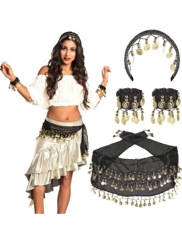 Zwarte buikdanseres accessoires set met muntjes