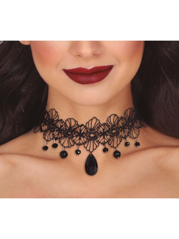 Zwarte edelsteen choker met bloemmotief main product photo