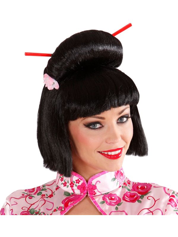 Zwarte Geisha pruik met bloem en chopsticks