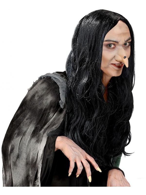 Zwarte heksen pruik lang haar