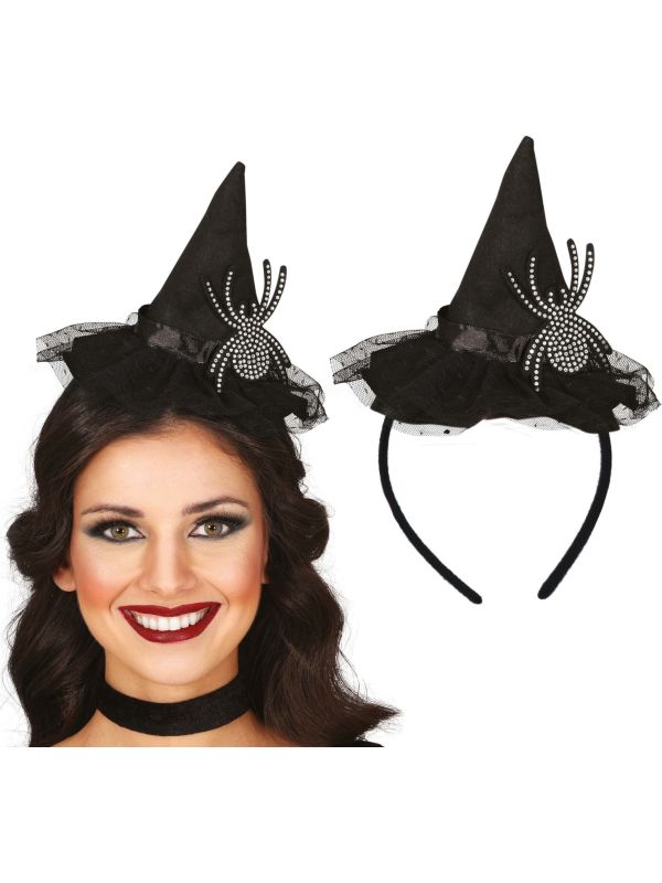 Zwarte heksenhoed haarband met spin halloween main product photo