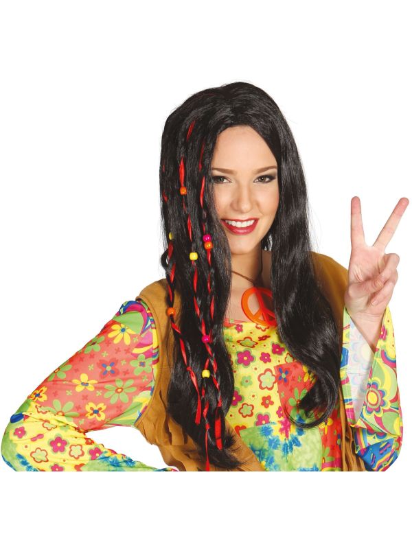Zwarte hippie pruik met kralen main product photo